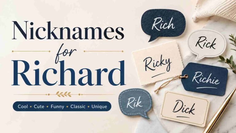 Create a professional, modern and visually appealing blog featured image for the topic “Nicknames for Richard”, in a 16:9 landscape ratio. Design a clean and premium editorial-style composition with a soft, minimal background. Show the concept of nicknames creatively using subtle elements such as elegant name tags, speech bubbles, handwritten-style name cards, and a few stylish typography elements. Keep the design simple, balanced and uncluttered.